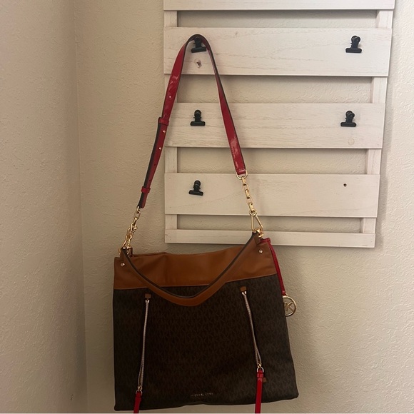 Michael Kors MK Lex Designer Hobo Bag in Brown Tan Red Crossbody Purse Tote - Picture 7 of 10
